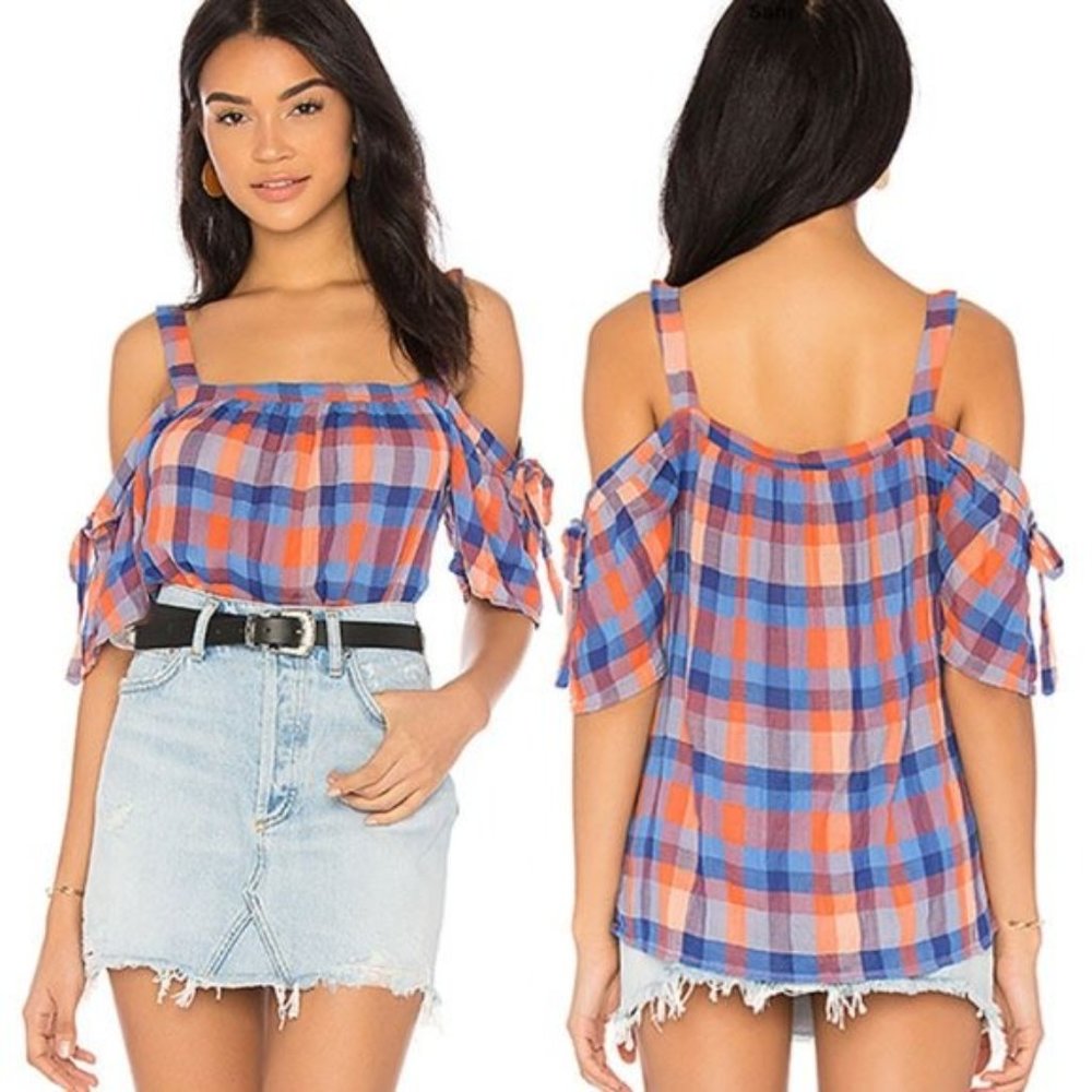 Anthropologie Sanctuary Blue Coral Plaid Dawn Bow Top Sleeveless